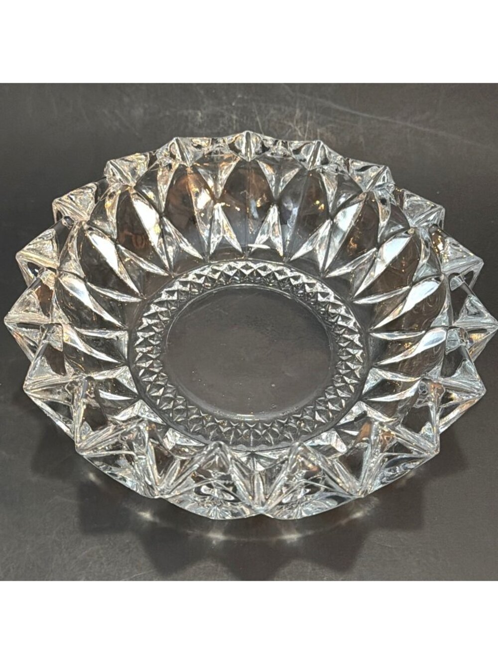 Glass Ashtray Trinket Dish Diamond Cut Heavy Clear KIG Indonesia MCM 6" Vintage